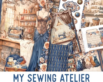 May include: A digital junk journal kit titled "My Sewing Atelier." The image features a vintage sewing room scene with a dress form, sewing machine, and various embellishments. The color palette includes blues, browns, and creams, with floral accents.