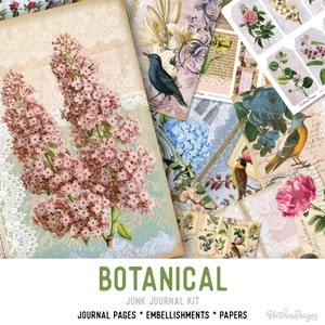 Botanical Junk Journal Kit, Printable Journal, Junk Journal Diy, Journal Pages, Pink Journal, Vintage Journal Kit, Journal Pack, DIY 002019 image 1