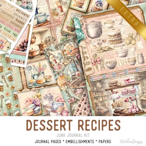 Puede incluir: Un kit de diario de chatarra con el t&iacute;tulo "Recetas de postres" que presenta una variedad de im&aacute;genes de estilo vintage de postres, suministros para hornear y escenas de cocina. El kit incluye p&aacute;ginas de diario, adornos y papeles.
