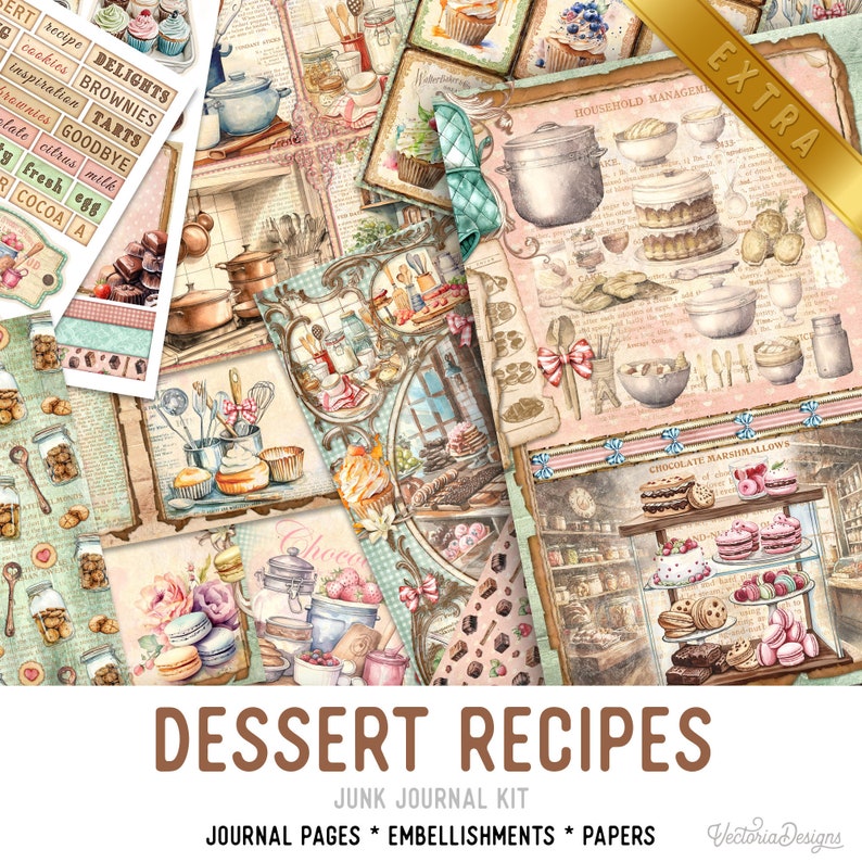Puede incluir: Un kit de diario de chatarra con el t&iacute;tulo "Recetas de postres" que presenta una variedad de im&aacute;genes de estilo vintage de postres, suministros para hornear y escenas de cocina. El kit incluye p&aacute;ginas de diario, adornos y papeles.