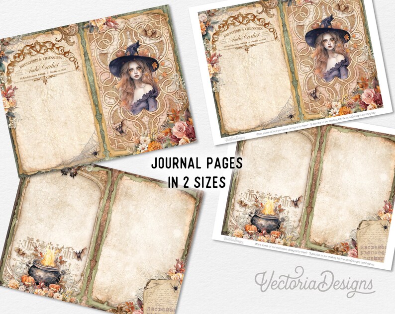 May include: Two printable journal pages with a witch and cauldron theme. The pages feature a witch with a pointed hat, a cauldron with flames, and floral accents. The text on the pages reads "Monsterella & Chimeras" and "Witch's Cauldron".