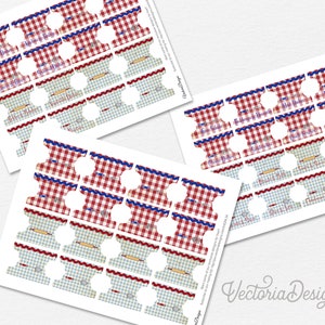 May include: Printable set of 12 red and blue gingham patterned favor tags with white text. The tags feature various baking-themed phrases, such as "Love at First Bite", "Cupcakes & Kisses", and "Best. Cookies. Ever."