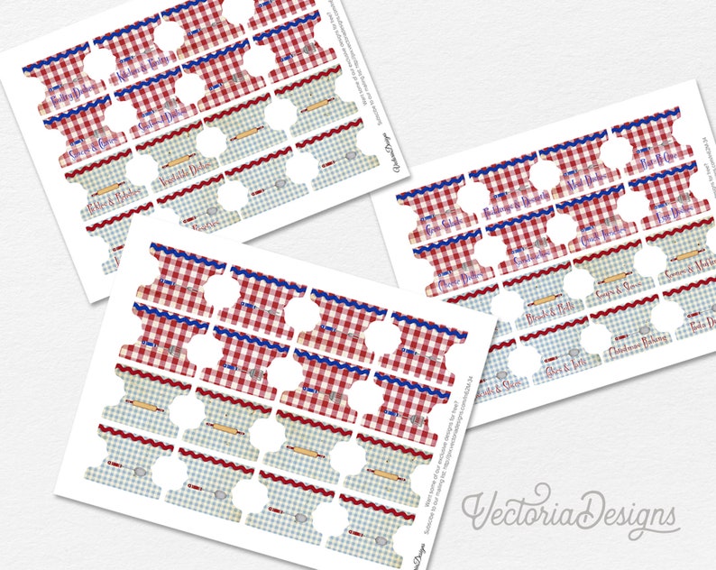 May include: Printable set of 12 red and blue gingham patterned favor tags with white text. The tags feature various baking-themed phrases, such as "Love at First Bite", "Cupcakes & Kisses", and "Best. Cookies. Ever."