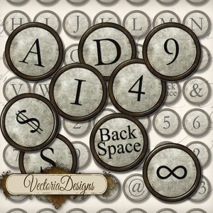 May include: Vintage typewriter keys with letters, numbers, and symbols. The keys are round and have a distressed, aged look. The keys are arranged in a random pattern on a white background.