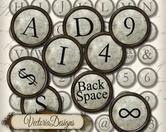 Grunge Vintage Typewriter Keys 1 inch circles bottle caps instant download printable images cupcake toppers digital collage sheet - 000189