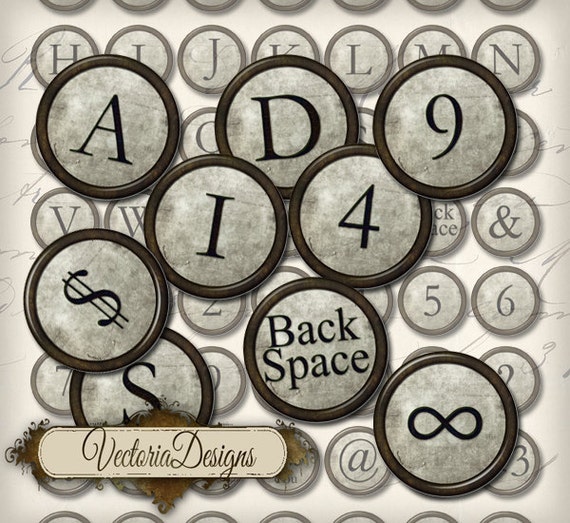 Grunge Vintage Typewriter Keys 1 inch circles bottle caps instant download printable images cupcake toppers digital collage sheet - 000189