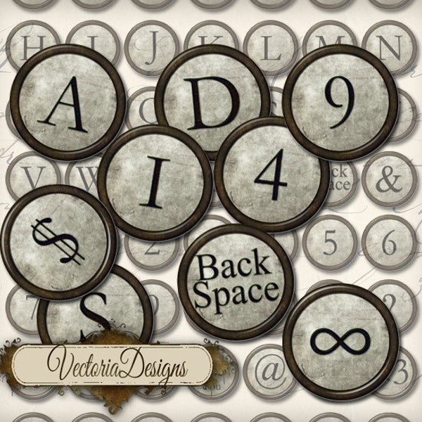 Grunge vintage Typewriter Keys 1 pouce cercles bouteille caps Téléchargement instantané images imprimables cupcake toppers feuille de collage numérique - 000189