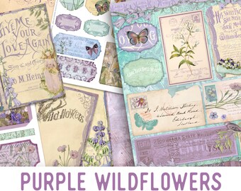 Purple Wildflowers Junk Journal Kit, Floral Embellishments, Cottagecore Junk Journal Kit, Craft kits, Cottage Core, Scrapbooking Kit, 002343