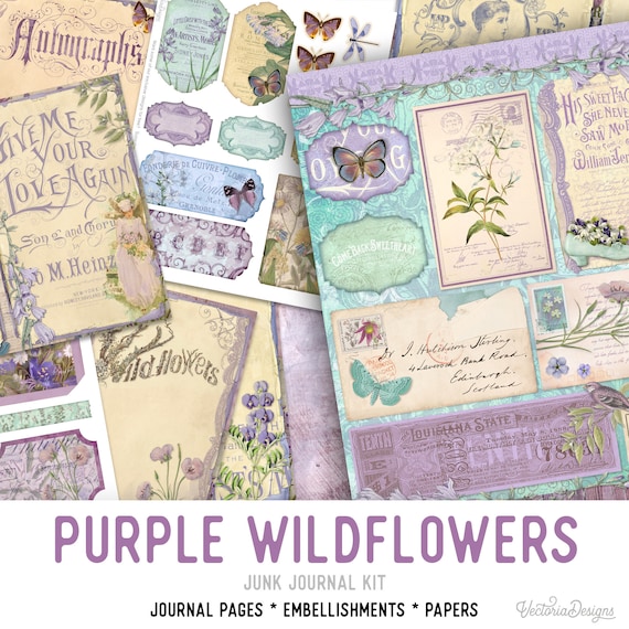 Purple Wildflowers Junk Journal Kit - Printable Pages for Crafting - 002343