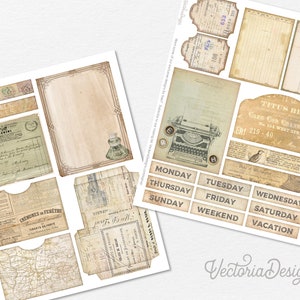 Peut inclure: Un pack de papier num&eacute;rique avec des images de style vintage, y compris une machine &agrave; &eacute;crire, une carte, un re&ccedil;u et une note manuscrite. Le pack comprend &eacute;galement des &eacute;tiquettes avec les jours de la semaine, le week-end et les vacances.