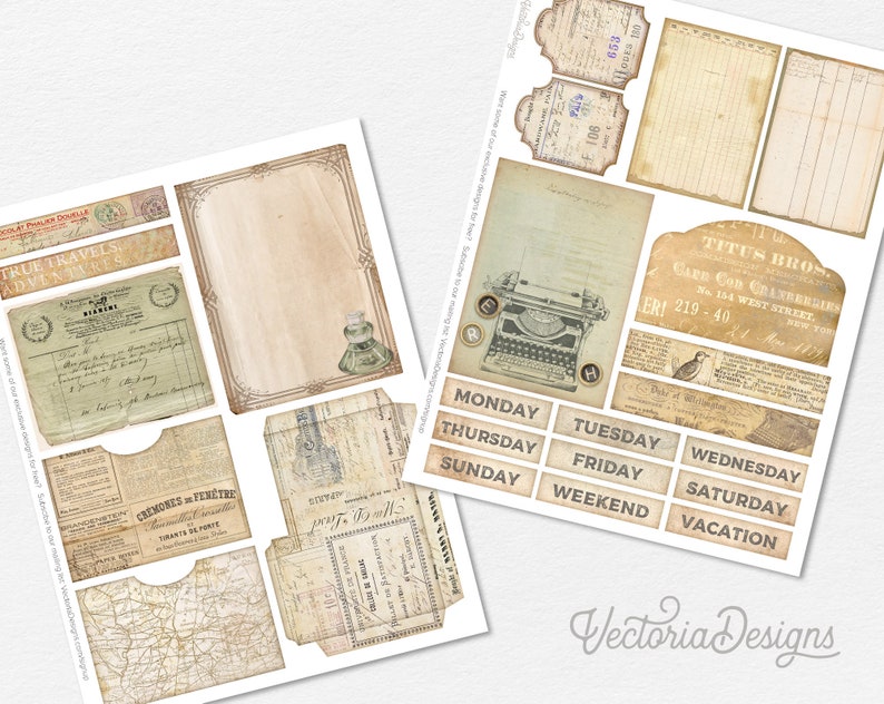Peut inclure: Un pack de papier num&eacute;rique avec des images de style vintage, y compris une machine &agrave; &eacute;crire, une carte, un re&ccedil;u et une note manuscrite. Le pack comprend &eacute;galement des &eacute;tiquettes avec les jours de la semaine, le week-end et les vacances.