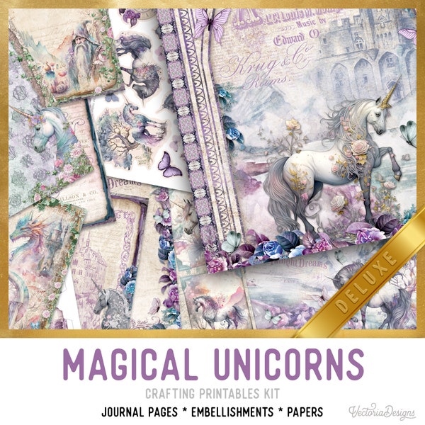 Kit d'artisanat en papier DELUXE Licornes magiques, kit de créations imprimables, embellissements de journal d'ordure Licorne Kits de créations en papier licorne DIY - 003008