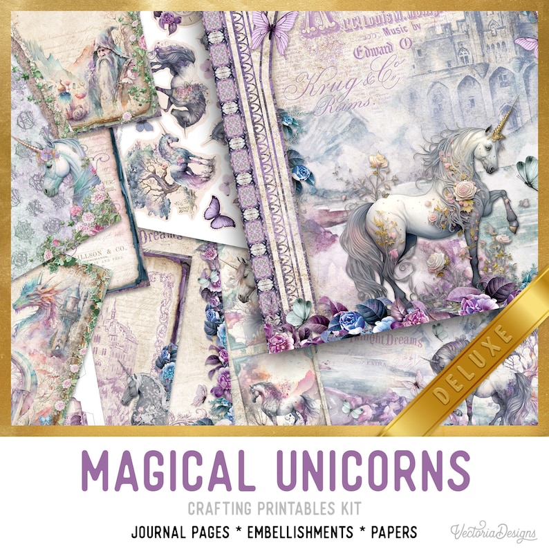 Magical Unicorns DELUXE Junk journal Kit Crafting Printables Kit Unicorn Junk Journal Embellishments Unicorn Paper Craft Kits DIY 003008 image 1