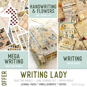 Writing Lady Offer, Crafting Printables, Writing Journal Kit, Writing Papers, Mega Bundle, Journal Pages, Journal Ephemera, Craft Kit 002324