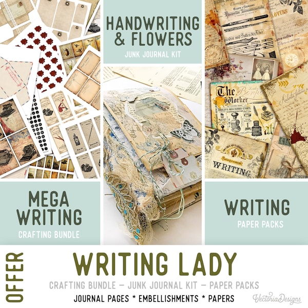 Writing Lady Offer, Crafting Printables, Writing Journal Kit, Writing Papers, Mega Bundle, Journal Pages, Journal Ephemera, Craft Kit 002324