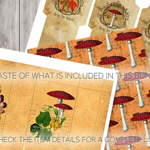 May include: A collection of autumn-themed stationery and paper goods. The image features postcards and patterned paper with illustrations of mushrooms, pumpkins, and fall foliage. Text includes "Bring You Warmth" and "A TASTE OF WHAT IS INCLUDED IN THIS BUNDLE."