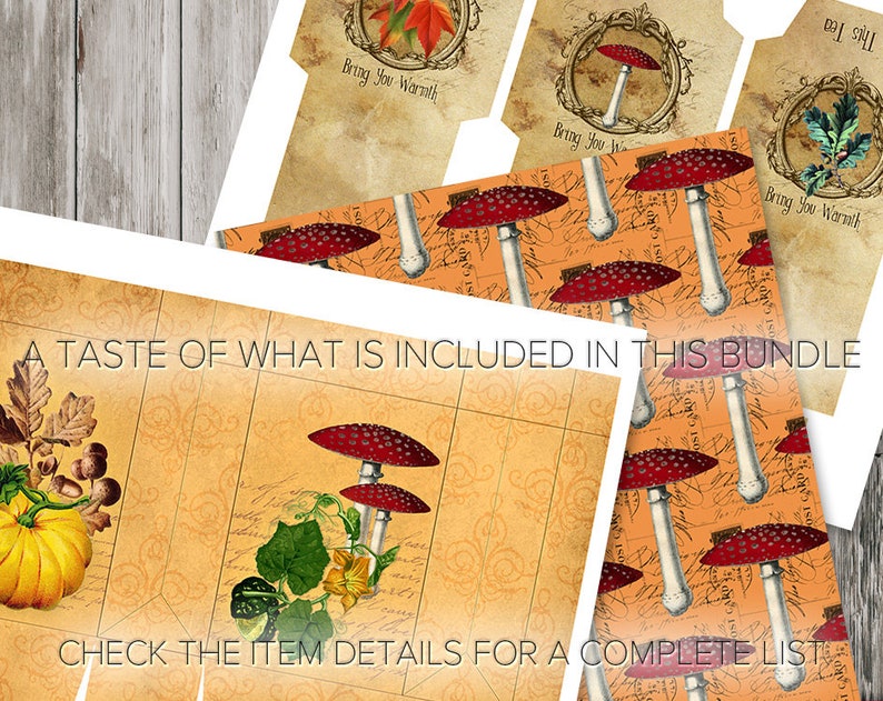 May include: A collection of autumn-themed stationery and paper goods. The image features postcards and patterned paper with illustrations of mushrooms, pumpkins, and fall foliage. Text includes "Bring You Warmth" and "A TASTE OF WHAT IS INCLUDED IN THIS BUNDLE."