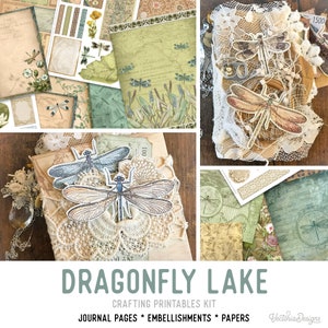 Dragonfly Lake Crafting Printables Kit, Printable Journal Ephemera, Craft Kits, Paper Pack, Junk Journal Kit, Printable Papers - 002306