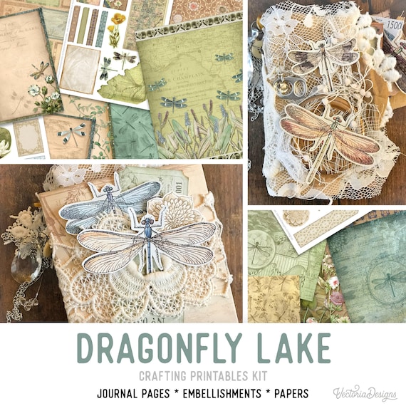 Dragonfly Lake Junk Journal Kit - Printable Pages, Papers and Embellishments for Crafting - 002306