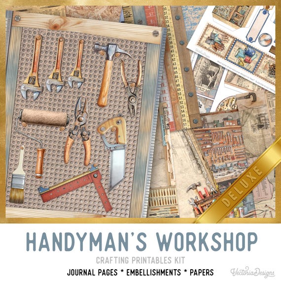 Handyman's Workshop Junk Journal Kit DELUXE - Printable Pages, Papers and Embellishments for Crafting - 004065