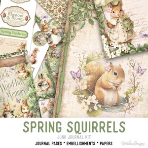 Spring Squirrels Junk Journal Kit, Squirrel Printable Junk Journal Kit Embellishments Junk Journal Papers Squirrels Craft kit DIY 003297