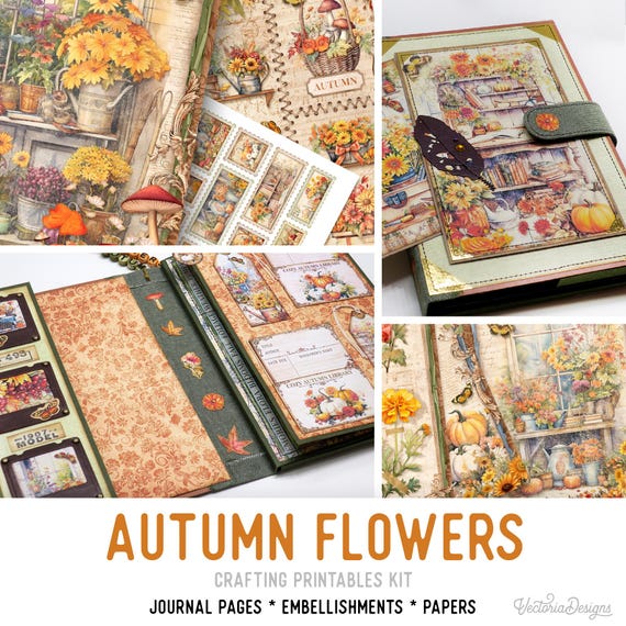 Autumn Flowers Junk Journal Kit (Standard) - Printable Pages, Papers and Embellishments for Crafting - 003223