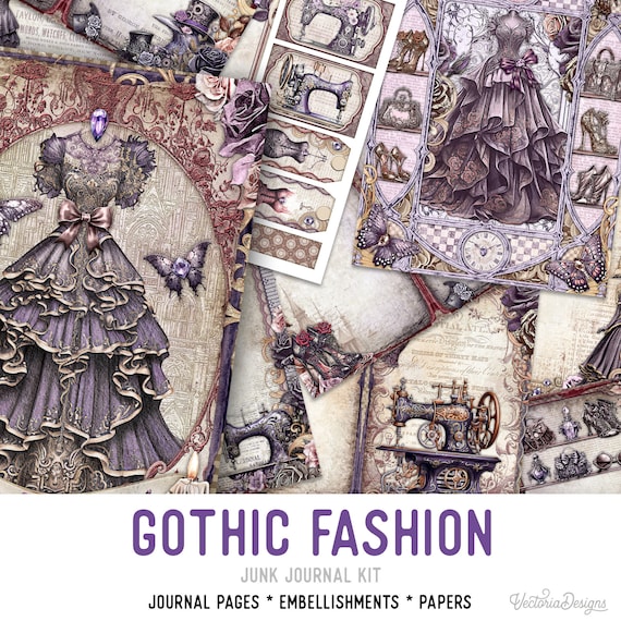 Gothic Fashion Junk Journal Kit, Printable Pages - 003134