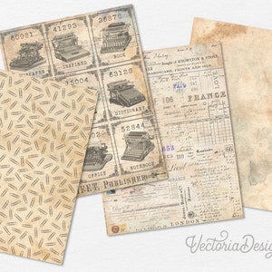 Peut inclure: Un pack de papier num&eacute;rique de style vintage avec quatre designs diff&eacute;rents. Les designs comprennent un motif de petits crayons bruns, une page avec des images de machines &agrave; &eacute;crire et des num&eacute;ros, une page avec du texte manuscrit et des num&eacute;ros, et une page avec un fond d&eacute;lav&eacute; et textur&eacute;.