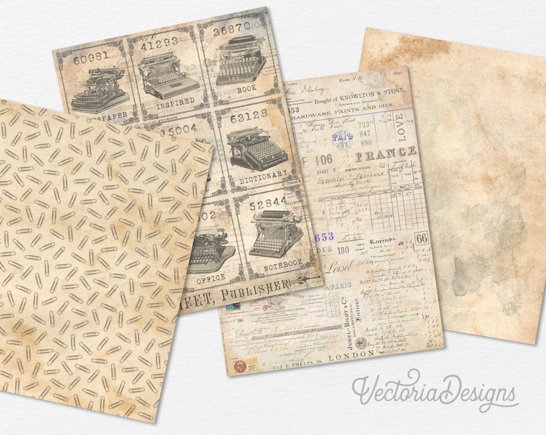 Peut inclure: Un pack de papier num&eacute;rique de style vintage avec quatre designs diff&eacute;rents. Les designs comprennent un motif de petits crayons bruns, une page avec des images de machines &agrave; &eacute;crire et des num&eacute;ros, une page avec du texte manuscrit et des num&eacute;ros, et une page avec un fond d&eacute;lav&eacute; et textur&eacute;.