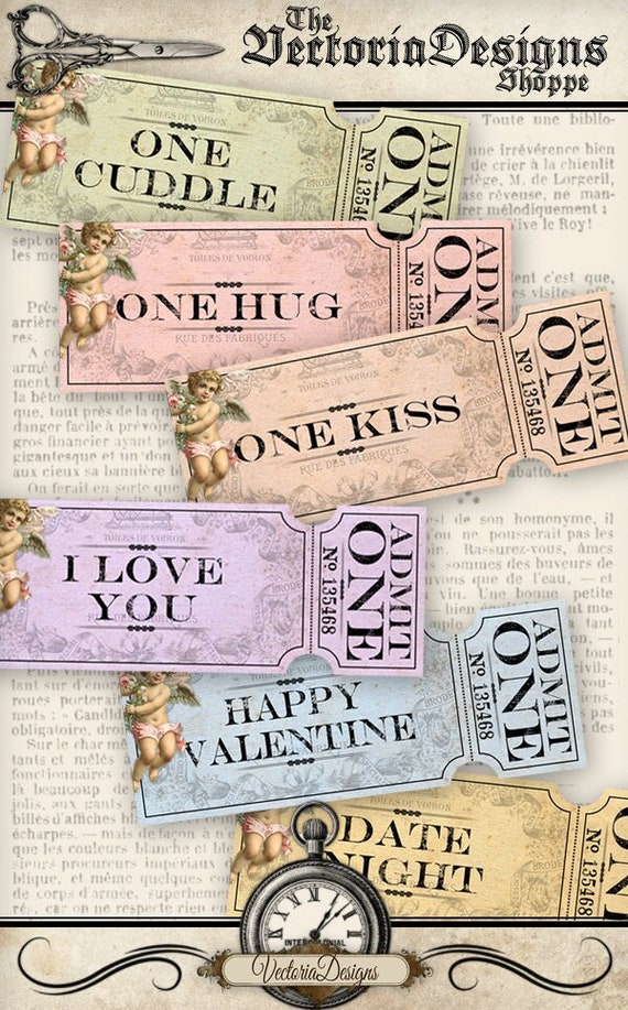Love Coupons, Vintage Valentine Tickets, Love Tickets, Printable Valentine Tickets, Digital Paper, Valentine Images, Collage Sheets  000696