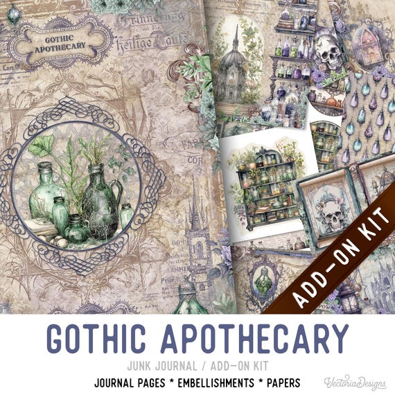 Gothic Apothecary Junk Journal Kit ADD-ON, Printable Craft kit with Journal Pages, Embellishments and Papers - 003495