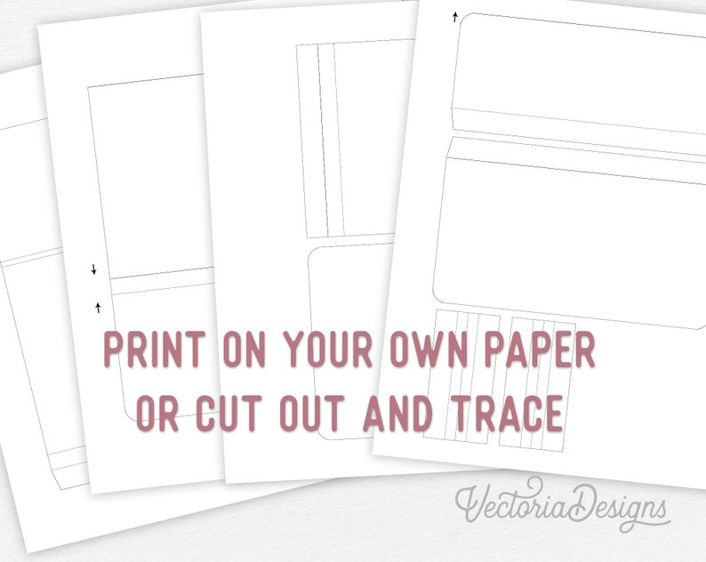 May include: Printable template for a wallet or card holder. The image shows three different designs, with instructions to print on your own paper or cut out and trace. The text "PRINT ON YOUR OWN PAPER OR CUT OUT AND TRACE" is included in the image.