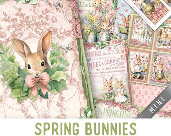 Spring Bunnies Junk Journal Kit MINI, Bunny Crafting Printables Kit Bunny versieringen afdrukbaar papier Bunny Craft Kit Bunny Crafts 003332