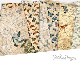 Shabby Vintage Butterflies Paper Pack, Digital Scrapbook Paper, Digital Paper, Junk Journal Paper, Scrapbooking, Printable Paper Pack 002427