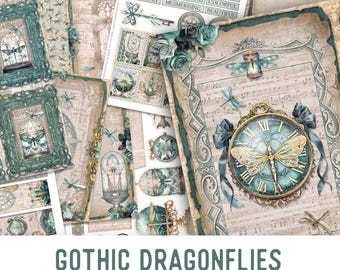 Gothic Dragonflies Junk Journal Kit, Gothic Printable Junk Journal Kit Dragonflies Embellishments Junk Journal Papers Craft kit - 003153