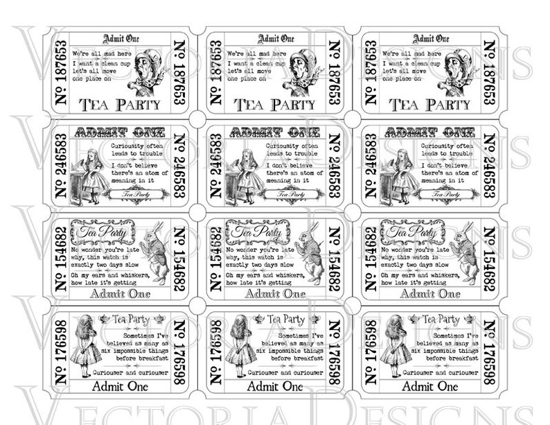 Alice In Wonderland Tickets, Tea Party Tickets, Alice Decoration, Tea Party Invitations, Tickets Digital, Paper Tickets Ephemera 000396 image 4