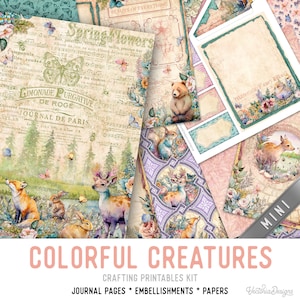 Cute Animals Junk Journal Kit Colorful Creatures MINI Crafting Printables Kit Animals Embellishments Printable Paper Craft Kits 003028