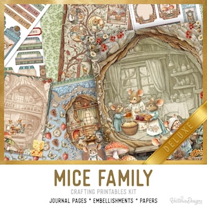 Mice Family Junk Journal Kit (DELUXE) - Printable Craft Kit with Journal Pages, Embellishments & Papers - 004038