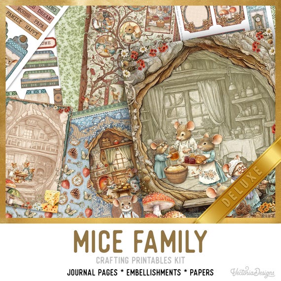 Mice Family Junk Journal Kit DELUXE - Printable Pages, Papers and Embellishments for Crafting - 004038
