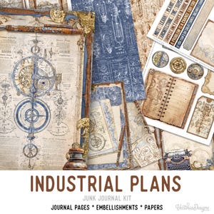 Industrial Plans Junk Journal Kit, Industrial Junk Journal Kit Industrial Embellishments Junk Journal Papers Printable Craft kit - 003411