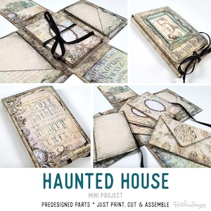 Op de afbeelding: Een meerpaneels papierknutselproject met een vintage esthetiek. Het project heeft een "Haunted House" thema, met verouderd papier, antieke klok illustraties en een zwarte lintsluiting. De tekst "Haunted House" is prominent aanwezig.