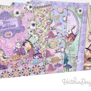 Wonderland Tea Party Paper Pack, Alice in Wonderland, Printable Alice, Mad Hatter, Wonderland Craft Papers, Printable Paper Pack - 002501