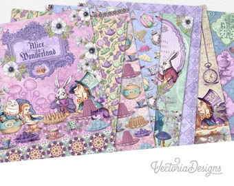 Wonderland Tea Party Paper Pack, Alice in Wonderland, Printable Alice, Mad Hatter, Wonderland Craft Papers, Printable Paper Pack - 002501