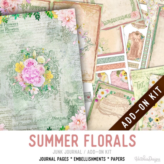Summer Florals Junk Journal Kit ADD-ON, Printable Craft kit with Journal Pages, Embellishments and Papers - 003245