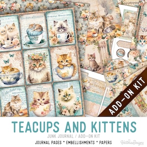 Teacups and Kittens Junk Journal Kit ADD-ON, Printable Junk Journal Pages Printable Junk Journal Kit Craft kits Vintage Junk Journal 003342