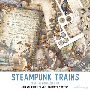Steampunk Trains Junk Journal Kit MINI, Trains Crafting Printables Kit Steampunk Embellishments Printable Paper Craft Kit Craft - 003241