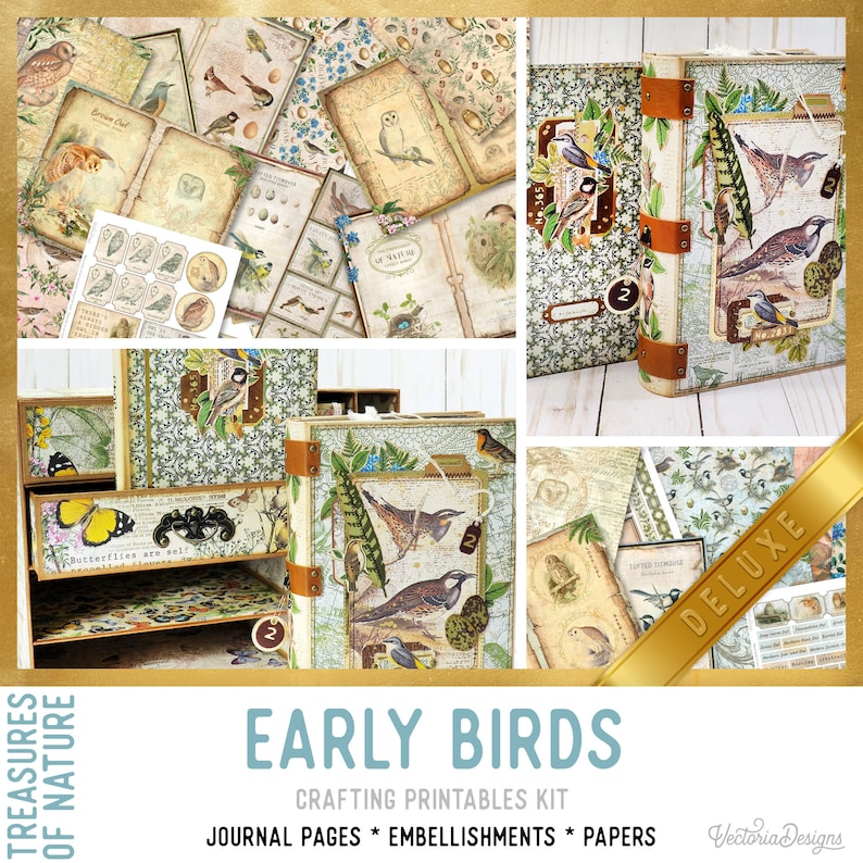 May include: A digital printable kit for crafting with a nature theme. The kit includes journal pages, embellishments, and papers. The image shows a book with a green and brown cover with birds and feathers. The title of the kit is "Early Birds" and the text "Treasures of Nature" is on the left side of the image. The text "Deluxe" is on a gold ribbon.