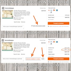 May include: A screenshot of a computer screen showing how to enter a coupon code on a website. The screen shows a shopping cart with a total of EUR 8.00. The user is instructed to click "Apply Shop Coupon Codes" and then enter the correct coupon code and click "Apply".