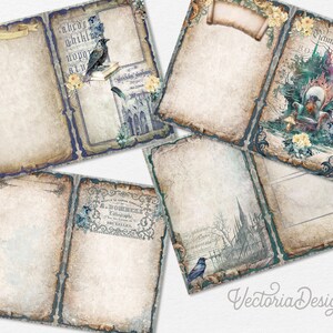 May include: Six printable journal pages with a gothic theme. The pages feature a variety of images, including ravens, castles, and flowers. The pages are designed to be printed and used in a journal or scrapbook.