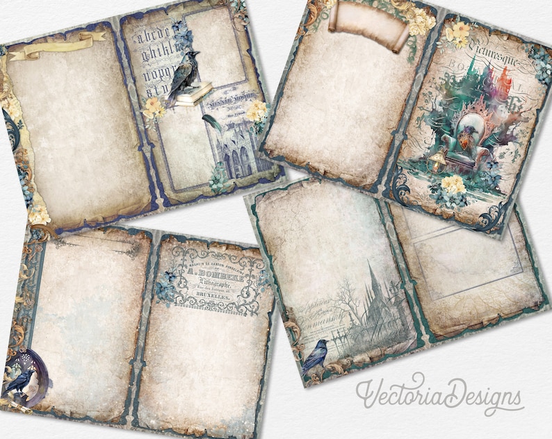 May include: Six printable journal pages with a gothic theme. The pages feature a variety of images, including ravens, castles, and flowers. The pages are designed to be printed and used in a journal or scrapbook.